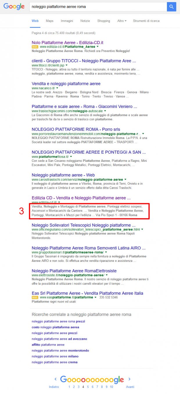 Snippet in quarta pagina con 3 righe di description